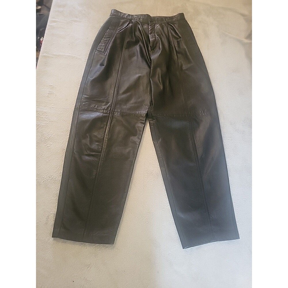 AVANTI Leather Pants Women Size 14 Black pleated high rise tapered fit Vtg 90s